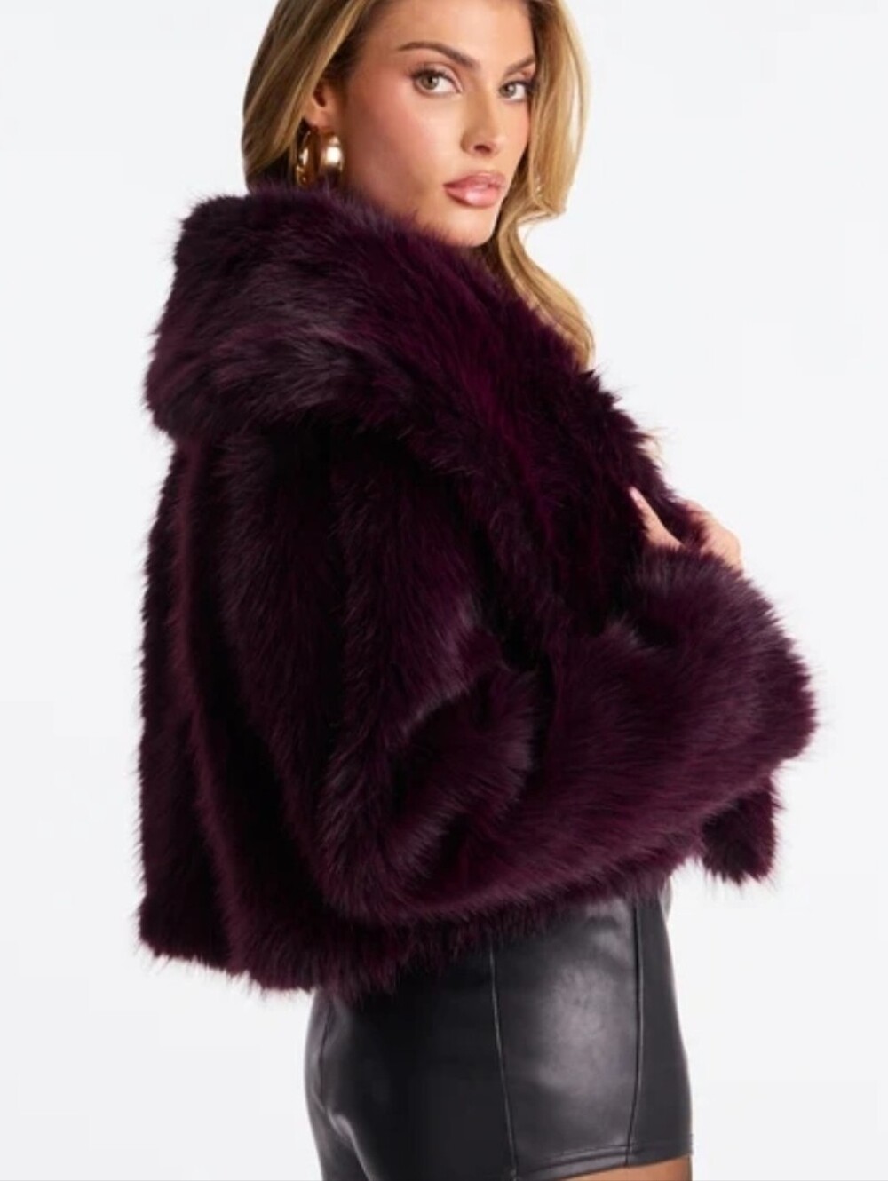 Plum Faux Fur Cropped Coat - Women's Luxe Winter Jacket Sz 2x